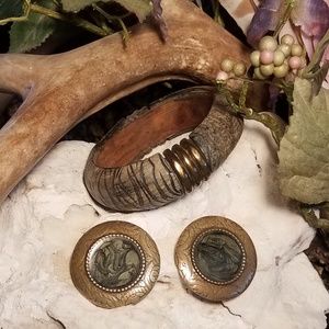 Vintage Set - Wood/Brass Bangle & Post Earrings